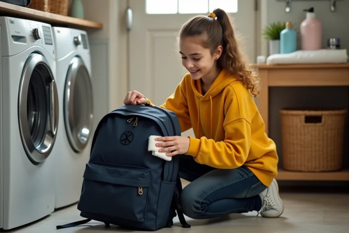 Adolescente nettoyant un sac à dos scolaire Kipling bleu marine avec un chiffon humide dans une buanderie