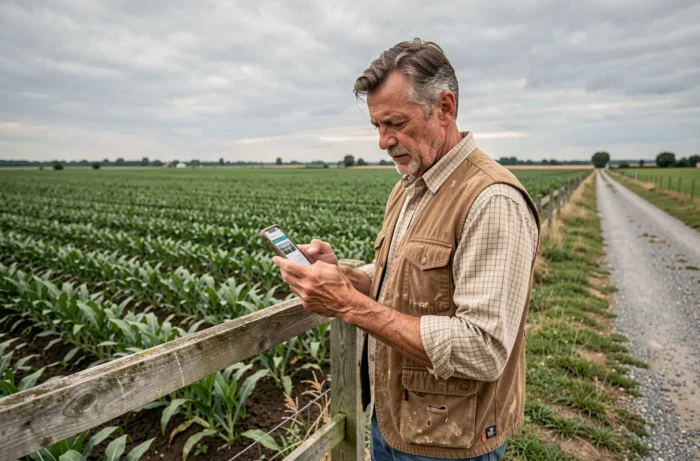 Agriculteur consultant le site Agriculture Et Paysage sur smartphone au milieu de ses cultures