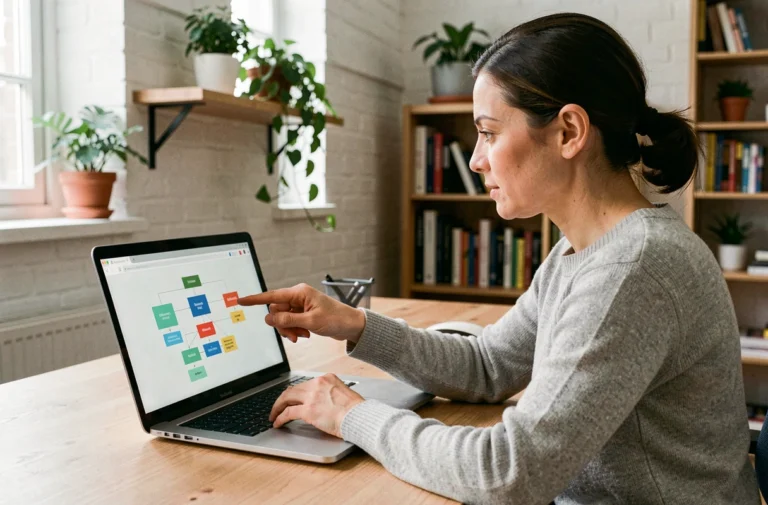 Femme professionnelle analysant une sitemap de site web sur son ordinateur portable dans un bureau moderne