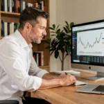 Homme professionnel analysant des graphiques boursiers et des données d'investissement en ligne sur un écran d'ordinateur dans un bureau moderne