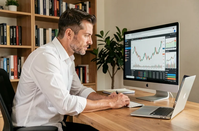 Homme professionnel analysant des graphiques boursiers et des données d'investissement en ligne sur un écran d'ordinateur dans un bureau moderne