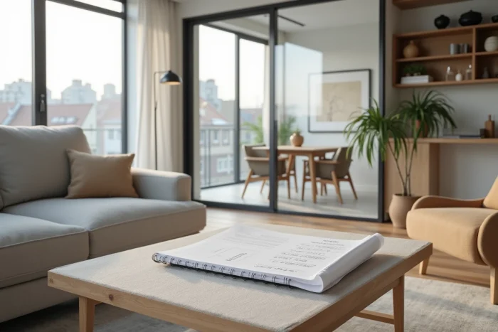 Appartement locatif moderne et bien aménagé avec vue sur la ville et documents de rentabilité sur la table basse
