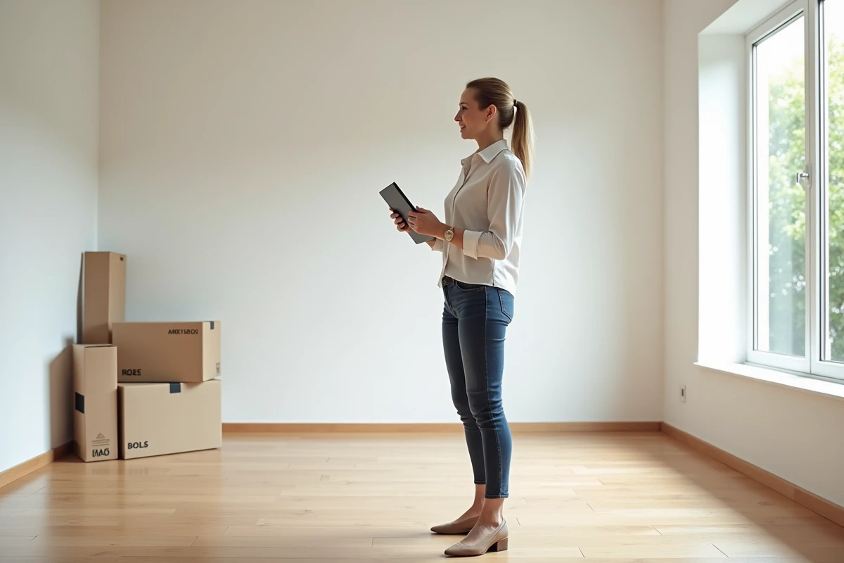 Architecte femme inspectant un intérieur neuf avec tablette