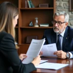 Homme d'affaires en costume discutant avec une avocate