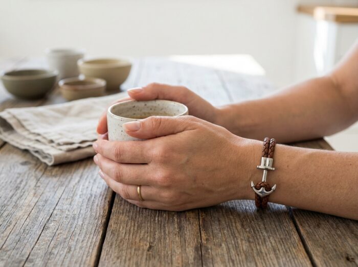 Gros plan sur des mains féminines portant un bracelet ancre en cuir tressé avec une tasse de café, ambiance minimaliste