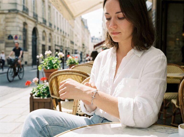 Jeune femme portant un bracelet ancre en argent au poignet dans un café parisien, style casual chic