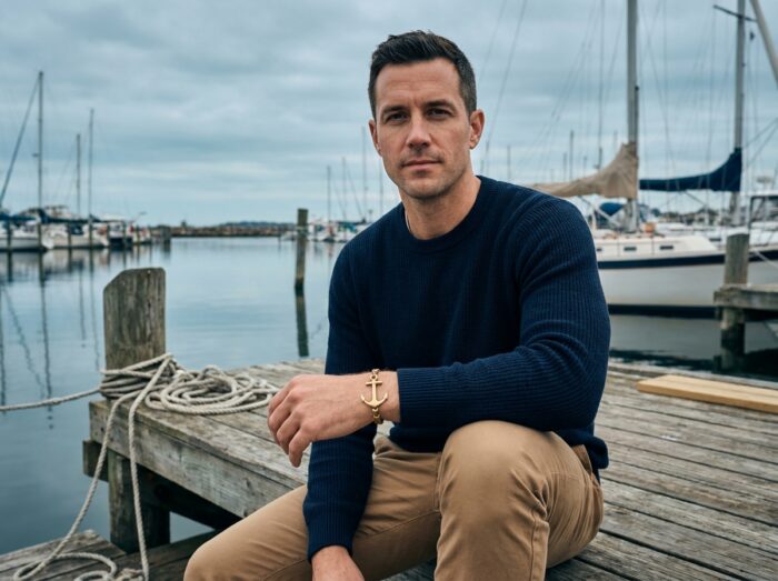 Homme portant un bracelet ancre doré assis sur un quai de port, ambiance marine et style décontracté