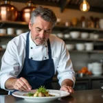 Chef en cuisine haute gamme en train de dresser un plat