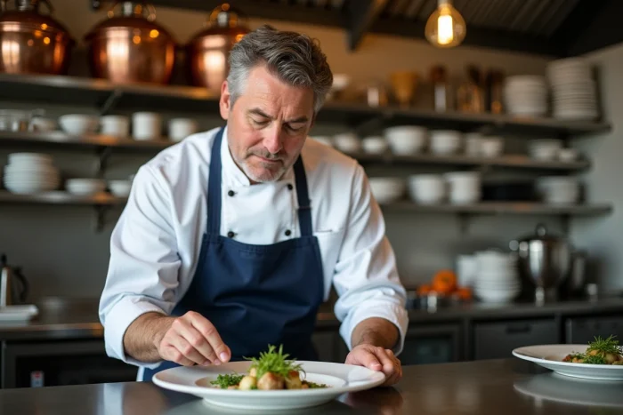Chef en cuisine haute gamme en train de dresser un plat