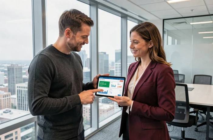 Deux collègues discutant d'une sélection d'entreprises pour investir en ligne sur une tablette dans un bureau d'entreprise moderne avec vue sur la ville