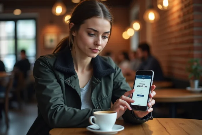 Femme motarde comparant les options gratuites et payantes de l'application Calimoto dans un café urbain