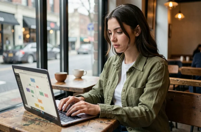 Jeune femme consultant une carte de site web sur un ordinateur portable dans un café urbain