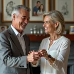 Couple d'annees fifties échangeant des alliances dans un salon élégant
