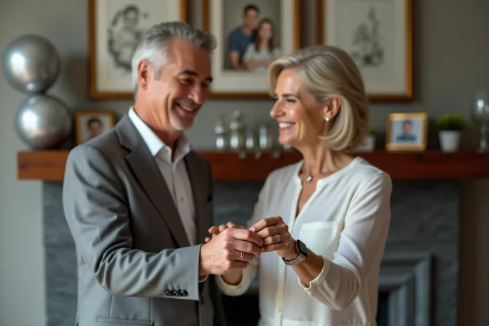 Couple d'annees fifties échangeant des alliances dans un salon élégant