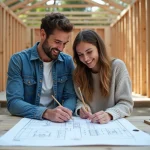 Couple souriant examinant des plans de maison en extérieur