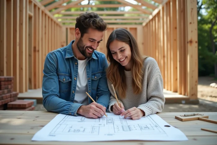 Couple souriant examinant des plans de maison en extérieur