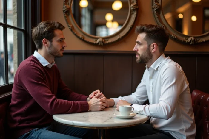 Deux hommes attablés dans un café parisien intime, échangeant un moment tendre et discret, évoquant une relation amoureuse épanouie et réservée