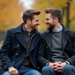Deux hommes adultes partageant un moment complice et discret sur un banc dans un parc parisien en automne, illustrant une histoire d'amour sereine