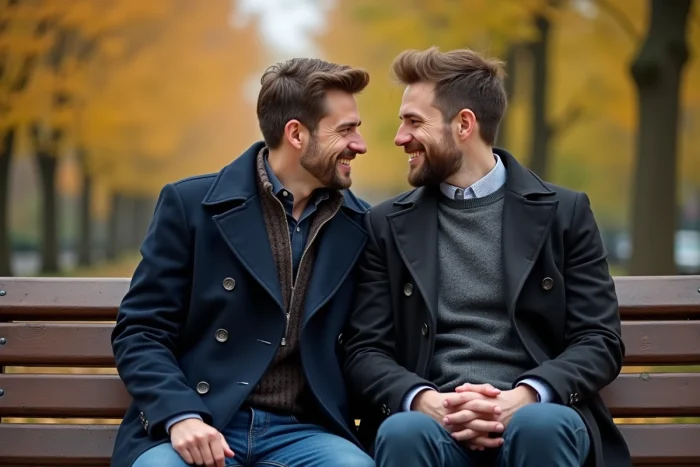 Deux hommes adultes partageant un moment complice et discret sur un banc dans un parc parisien en automne, illustrant une histoire d'amour sereine