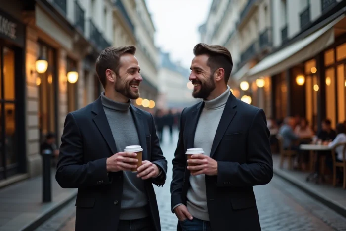 Deux hommes élégants riant ensemble dans une rue pavée parisienne au crépuscule, représentant une relation amoureuse discrète et complice en milieu urbain