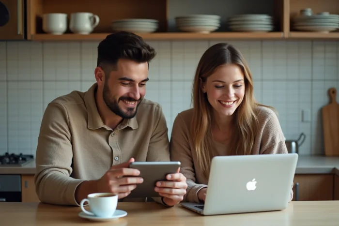 Couple partageant une connexion Wi-Fi Plus sur tablette et ordinateur portable dans une cuisine moderne