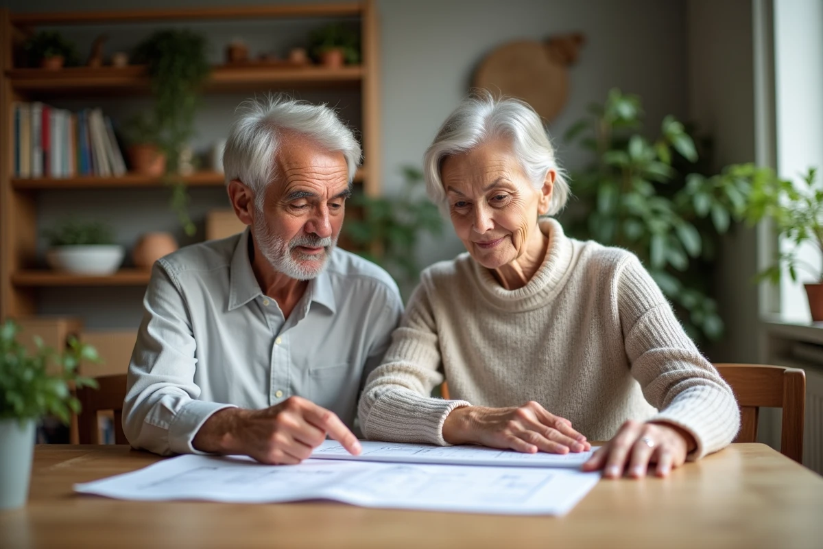 Couple âgé examine plans dans salon lumineux