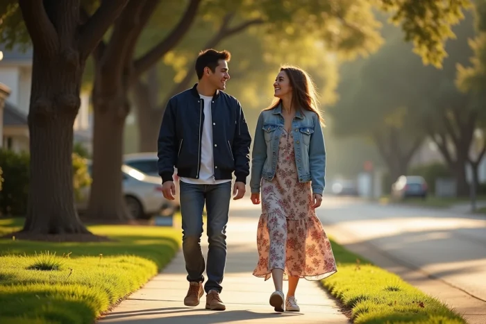 Couple complice marchant et riant sur un trottoir arboré en Californie, illustrant une relation naturelle et authentique