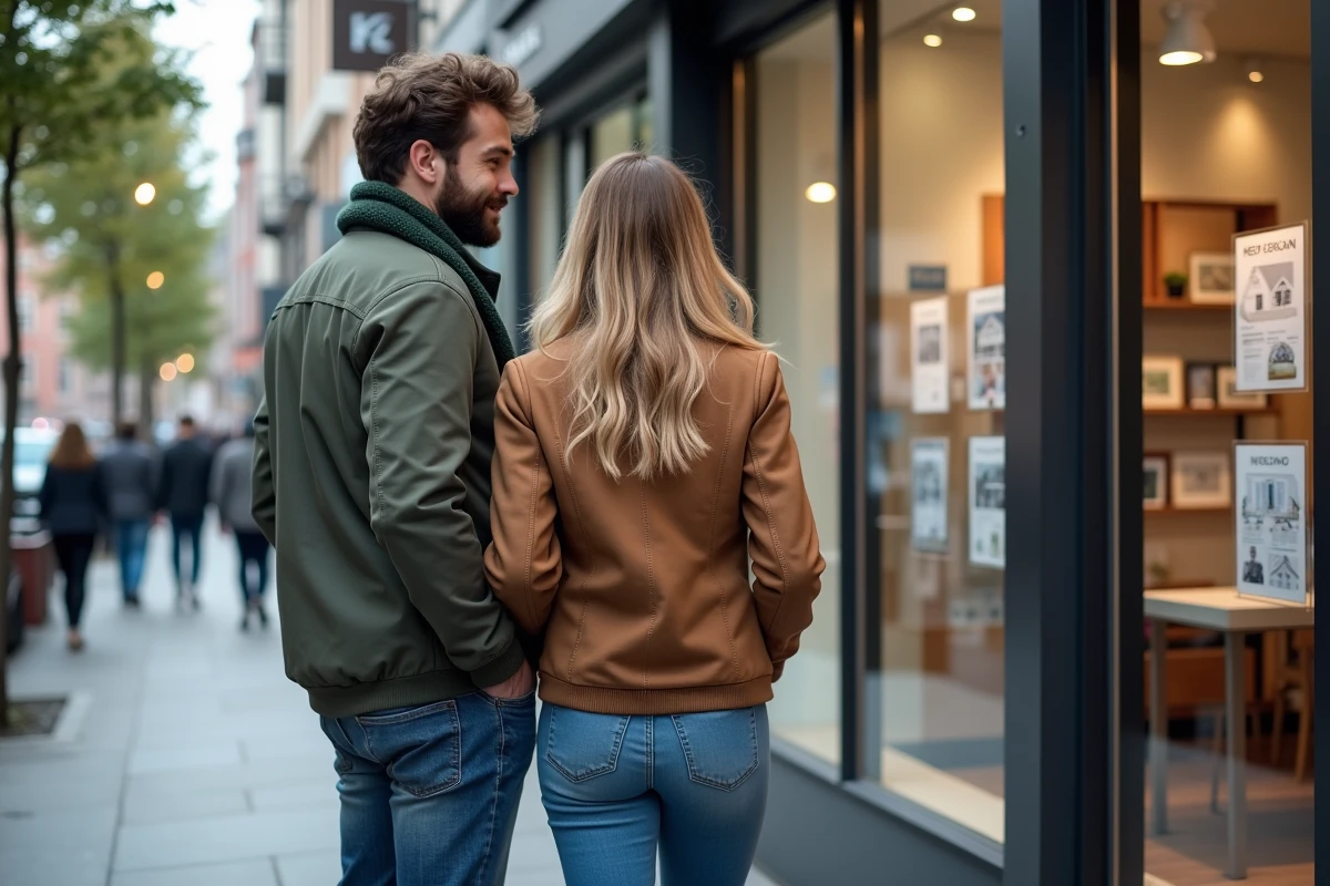 Jeune couple regardant des annonces immobilières devant une vitrine