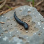 Crottes de serpent sur une roche grise avec résidu blanchâtre d'acide urique, vue de dessus en macro