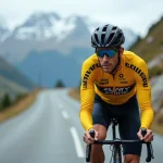 Cycliste professionnel en maillot jaune gravissant un col alpin lors d'un grand tour