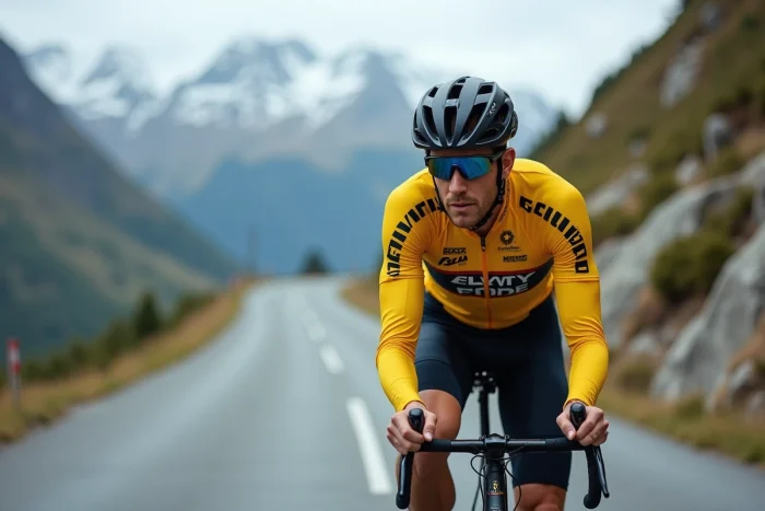 Cycliste professionnel en maillot jaune gravissant un col alpin lors d'un grand tour