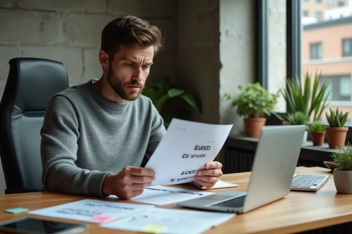 Designer examinant une feuille de logo DVGB Xoilutughiuz Tube imprimée dans un bureau moderne en 2026