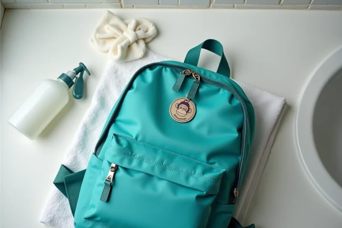 Gros plan d'un cartable Kipling sarcelle posé sur une serviette blanche avec un spray nettoyant et un chiffon microfibre