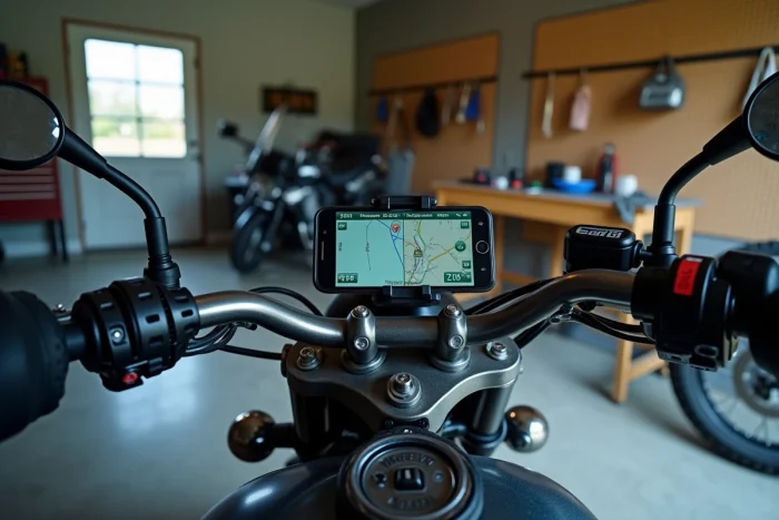 Gros plan sur un smartphone monté sur guidon de moto affichant les fonctionnalités de l'application Calimoto en version gratuite et premium