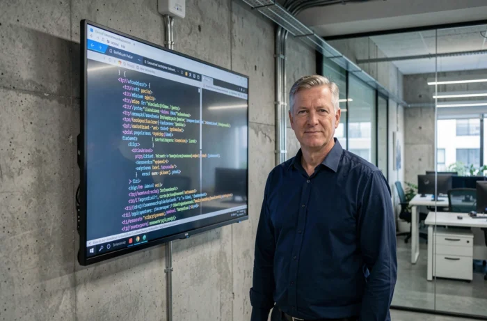 Développeur web masculin debout devant un écran affichant une structure XML de sitemap dans un bureau tech