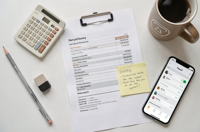 Vue aérienne d'un bureau avec des documents de paie détaillant les avantages en nature, une calculatrice et un smartphone affichant une application de gestion salariale