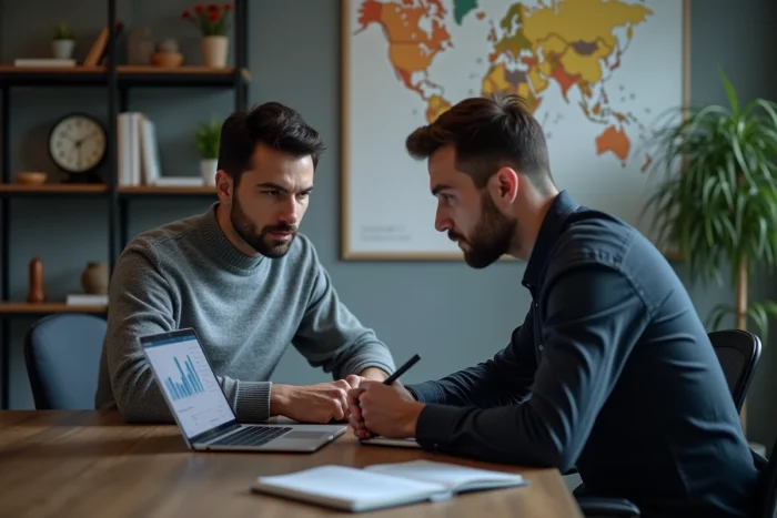 Deux entrepreneurs analysant un business plan sur ordinateur dans un bureau épuré et organisé