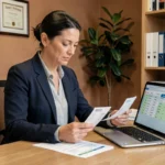 Entrepreneuse en blazer marine révisant des fiches de paie et un tableau Excel sur les avantages en nature dans son bureau professionnel