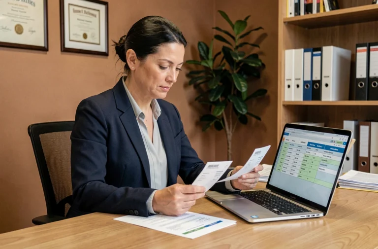 Entrepreneuse en blazer marine révisant des fiches de paie et un tableau Excel sur les avantages en nature dans son bureau professionnel