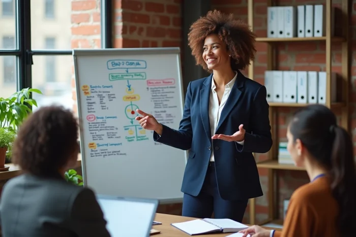 Entrepreneuse présentant son projet innovant sur un tableau blanc dans un incubateur de startups