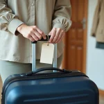 Femme attachant une étiquette valise imprimée sur une valise bleue dans une entrée de maison avant un voyage en train ou en avion