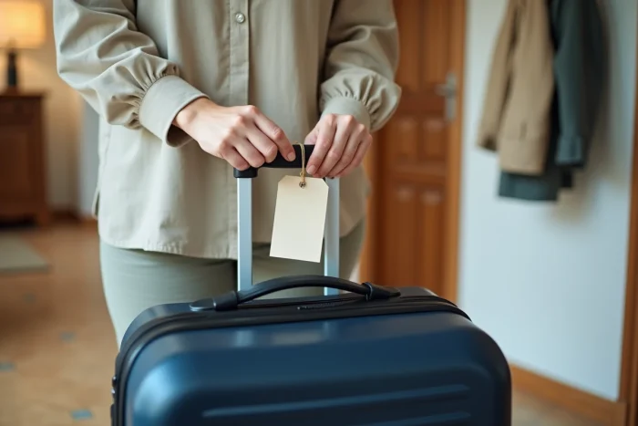 Femme attachant une étiquette valise imprimée sur une valise bleue dans une entrée de maison avant un voyage en train ou en avion