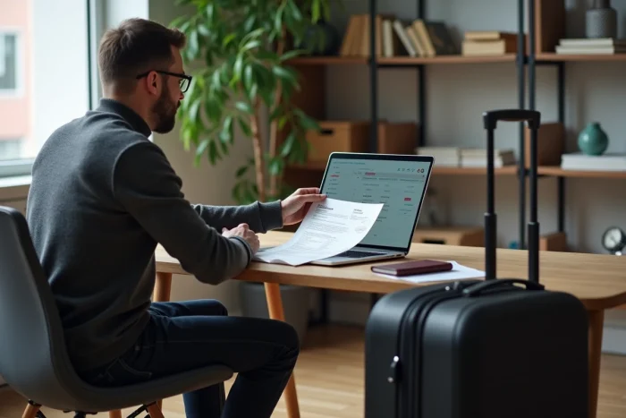 Homme tenant une étiquette valise imprimée devant un ordinateur portable avec un bagage cabine et des documents de voyage sur un bureau en bois