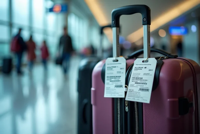 Gros plan de deux étiquettes valise imprimées compatibles SNCF et avion attachées à des bagages dans un hall de départ de gare ou d'aéroport