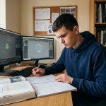 Jeune étudiant préparant sa formation en animation 3D après le bac à son bureau avec des manuels et un ordinateur
