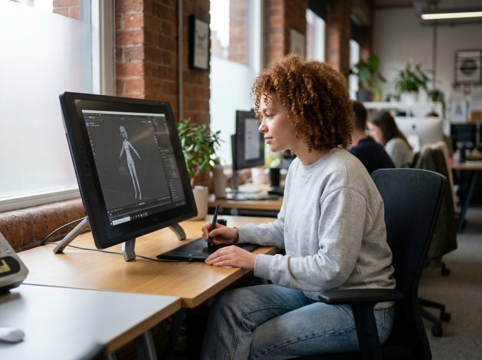 Étudiante travaillant sur un logiciel de modélisation 3D dans un studio créatif partagé pour préparer son entrée en formation