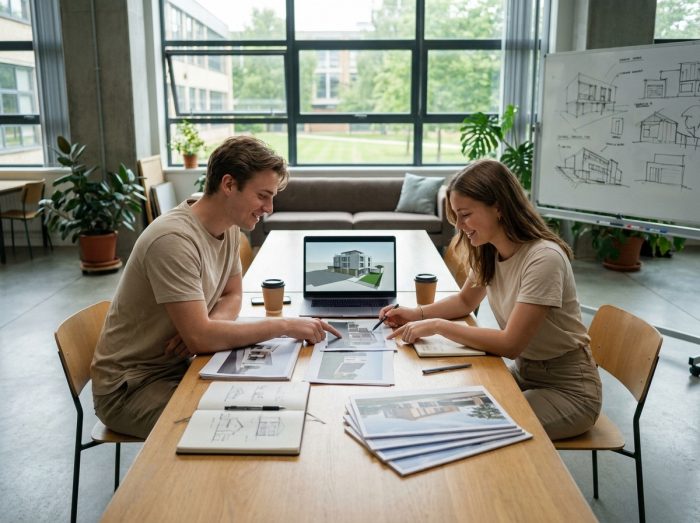 Deux jeunes étudiants échangeant sur leurs portfolios et projets 3D pour préparer ensemble leur entrée en formation d'animation