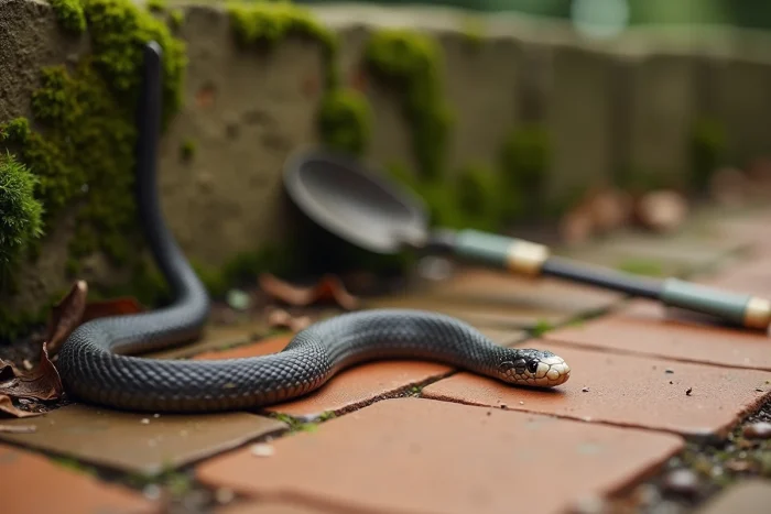 Excréments de serpent sur une tuile de jardin en terre cuite près d'un mur de pierre moussu
