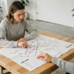 Femme explorant une carte de site imprimée sur un bureau en bois dans un bureau moderne