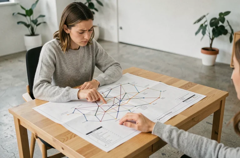 Femme explorant une carte de site imprimée sur un bureau en bois dans un bureau moderne